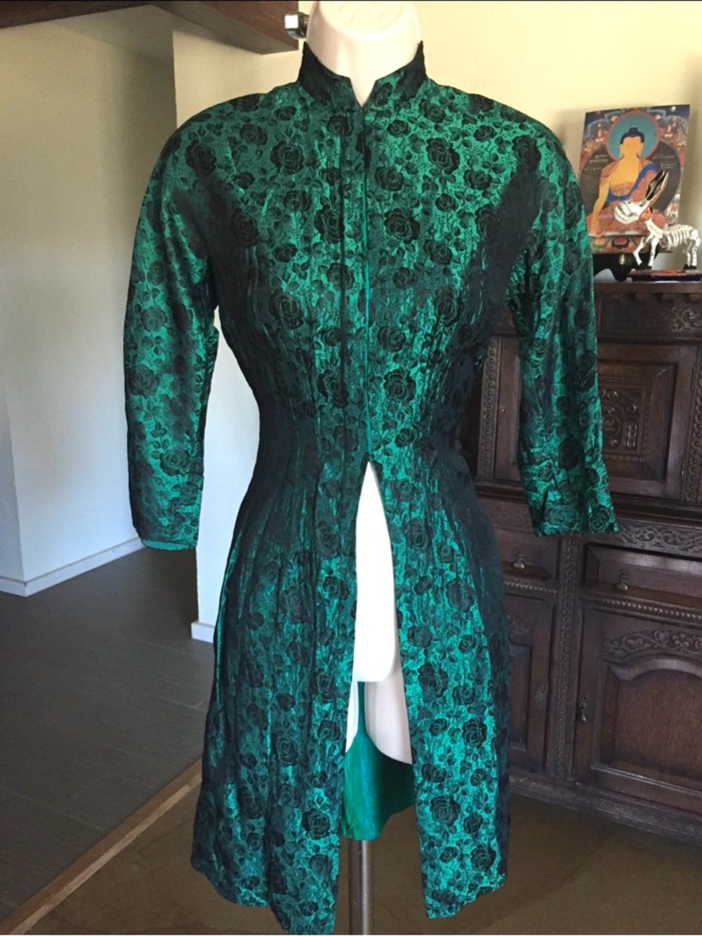 Vintage Japanese Emerald Green Brocade Satin Kimono Top Small